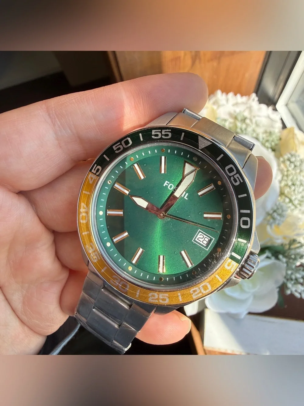 Fossil Men's Green Dial Stainless Steel Bracelet Watch with Yellow Accent BQ2506